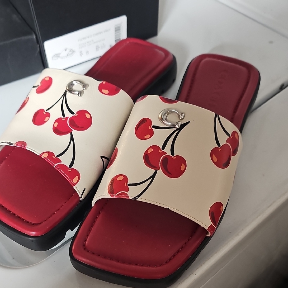 Coach Cherry Print Red and Cream Slide Sandals